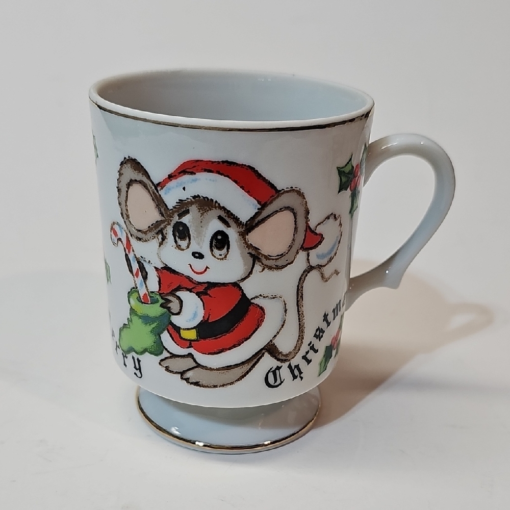 Vintage Lefton China 662 Merry Christmas Santa Clause Mouse w/ Stocking Mug Cup